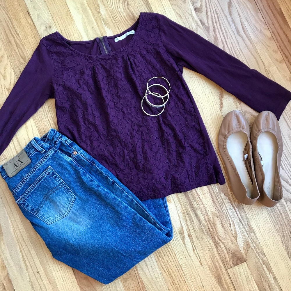 Gorgeous Sfera Purple 3/4 Sleeve Embroidered Top